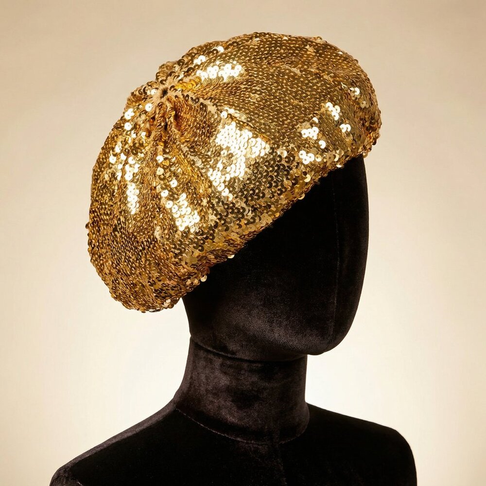 💛💫Glamorous Luxury Beaded Sequins Sequined Embellished Gold Metallic Hat Beret - Picture 2 of 2
